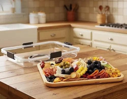 Generic Wooden Divided Container with Lid, 6 Compartments, Clip Handles, Silicone Gasket, for Snacks, Fruits and Vegetables, .sew