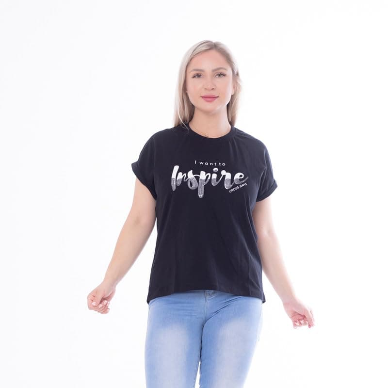 BEBO Women's Printed 1/2 Sleeve T-Shirt 22147_Black_L_24 Black L