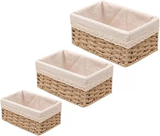 Three-Piece Woven Rattan Linen Storage Basket Set with Metal Base Multi-Size Home Organizer Small 19x12x10cm Medium 22x16x11cm Large 27x20x12cm