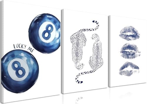 Framed Blue Preppy Canvas Wall Art Set of 3, Cheetah Pictures Wall Decor Paintings, Funky Lucky 8 Ball Poster Prints, Trendy Lip Modern Aesthetic Home Decor for Living Room Bedroom Dorm 12x16 inch