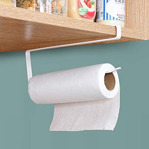 Cabinet Paper Towel Holder, Under Cabinet Paper Roll Rack, No Drilling Metal Paper Roll Dispenser, Anti-rust, Over The Door for Kitchen Bathroom, Under-shelf, Toilet, Napkins Organizer, White, 1Pc