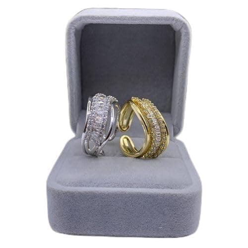 3 Diamonds 292474661779627 Gold-Plated Elegant Open Ring – Triple Row Zircon Design-1