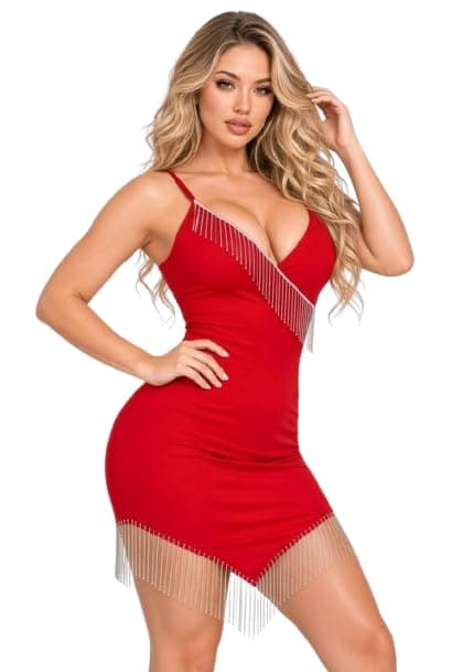 Red Rhinestone Fringe Bodycon Mini Dress with Spaghetti Straps 62200000008