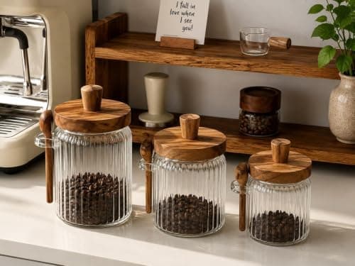 Generic Crystal glass legume jar set,Made of ultra-clear glass with a high-quality bamboo wood lid,Features transparent glass and a compressed wood lid, 400ml, 600ml, and 900ml, .ar