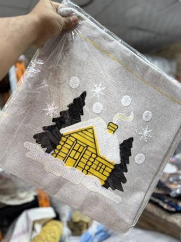 Generic Linen Cushion Cover with Macramé Embroidery, Winter House Design, Grey with Yellow and Black, 50x50 cm, set of 1 .flo Decorative pillow cover