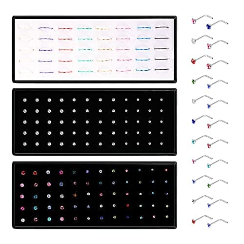 BodyBonita 140-160PCS 22G Surgical Steel Nose Ring Stud Bone/L Shape Nose Stud Hoop Nose Ring Piercing Pin Nose Piercing Jewelry 1.5/2/2.5mm CZ, metal, agate