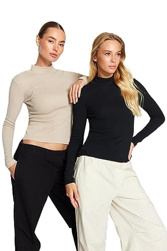 Trendyol Womens Black-Beige 2 Pack Ribbed Stand Collar Fitted Long Sleeve Stretchy Knitted Blouse TWOAW24BZ00257 Blouse (pack of 1)