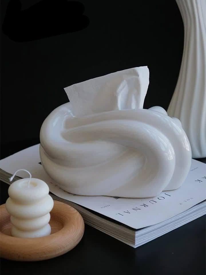 Generic Porcelain Tissue Box, White, Sculptural Wavy Design, Decorative Home Accessory, .soh Facial tissue holder