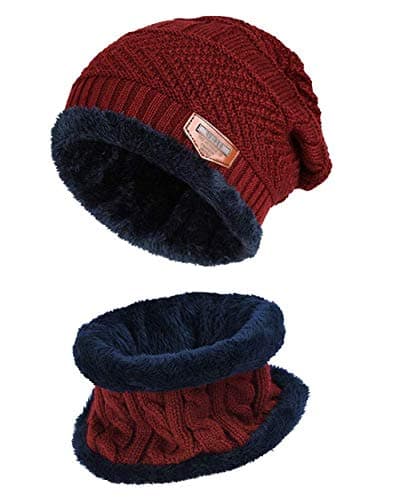 LONGTEN Knitted Hat and Scarf 2 in 1 Set, Winter Fleece Lining Wool Beanie Hat Neck Warmers for Men Women Apparel