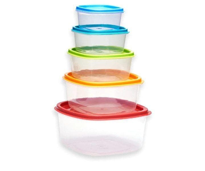 Generic Plastic Food Storage Container Set, Clear with Coloured Lids, Multiple Sizes, 5 Pieces, for Refrigerator, .ri