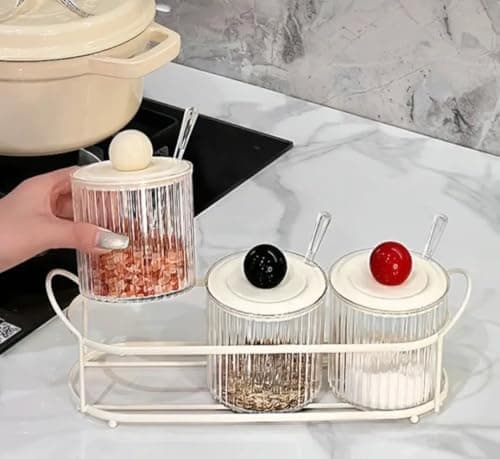 Generic Spice Jar Set of 3 with Metal Stand and Spoons, Clear Condiment Containers for Kitchen, .smk Food storage container