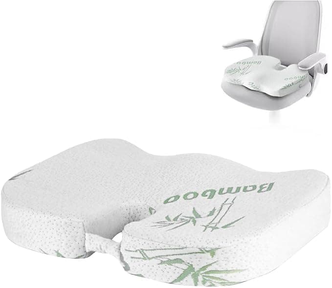 ComfortSign Orthopedic Memory Foam Seat Cushion - Bamboo Cooling Cover, Ergonomic Coccyx & Tailbone Pain Relief Cushion for Office Chair, Car & Wheelchair - Non-Slip Bottom Body positioner