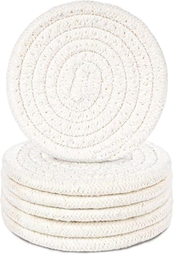 5 Piece Handmade Jute Coaster Set with Organizer Holder Natural Round Design Table Protection from Heat and Moisture for Home and Office Decor