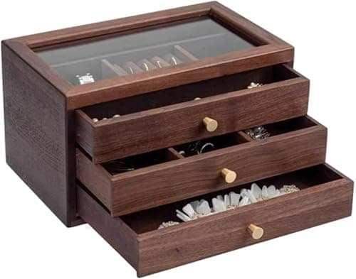 Natural Wood Accessory Organizer Box With Transparent Lid & 3 Tiers For Rings, Necklaces, Watches, Earrings