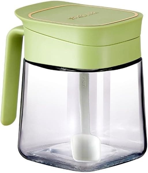Glass Spice Jars with Spoon 300ml Airtight Seasoning Containers Kitchen Storage Jars for Sugar Salt Herbs Spices Premium Glass Seasoning Pot with Lid (Green) Food storage container