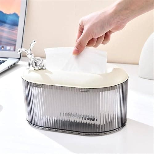 Generic Decorative Tissue Box with Silver Rabbit Figurine, Shock-Resistant Clear Striped Design, for Home and Office, .soh Facial tissue holder