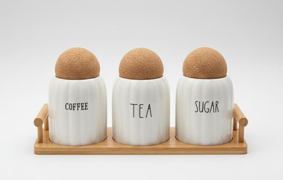 Generic Coffee, Tea and Sugar Canister Set with Cork Lids, Wooden Tray, White, 350 ml, 3 Piece, .bs Food storage container