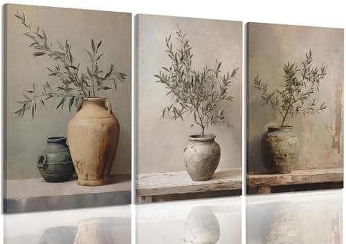 3Pcs Framed Vintage Vase Olive Branch Artwork Canvas Wall Art 12x16 in | Olive Branch Painting Picture Wall Decor, Still Life Plant Poster Print for Farmhouse Living Room Kitchen Home Decoration
