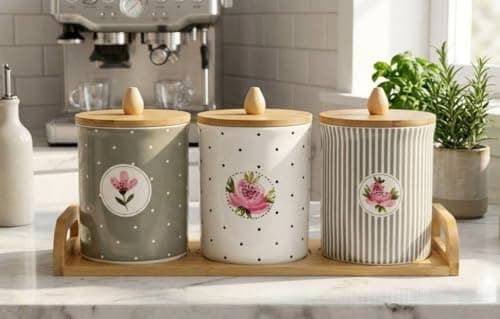 Generic Porcelain Canister Set of 3 with Wooden Lids and Stand, for Tea, Sugar, Coffee or Nuts, White and Grey Floral Design, .sew Food storage container