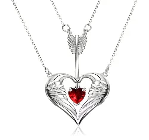 Women's Romantic Heart and Angel Wings Pendant Necklace with Cupid Arrow, Silver-Tone Chain with Sparkling Red Crystal Gemstone, Valentine's Day & Anniversary Jewelry Gift for Her, Wife, Girlfriend