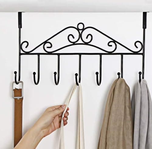 BEDAYA Door Hanger with 7 Hooks, Over The Door Metal Towel Hook, Stainless Steel Organizer Rack for Coats, Hats, Robes, Bags, Scarves, Clothes, Black