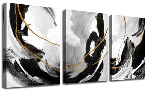 RUIFENGL Black and White Abstract Canvas Wall Art Decor Black & White Gold Lines Modern Artwork Paintings Pictures for Bedroom Home Office Wall Decoration 12"x16"x3 Panels