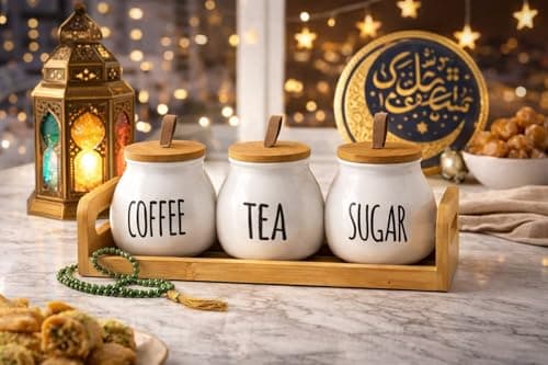 Generic Coffee, Tea and Sugar Canister Set with Lids and Wooden Stand, White, 500ml, 3 Pieces, .bs
