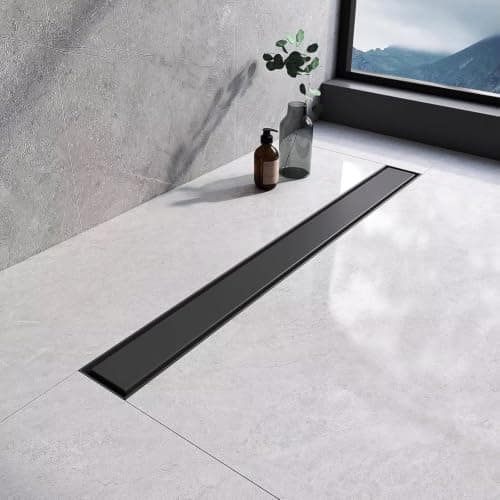 Black Linear Shower Floor Drain with Glass Cover, Matte Finish 60 cm | Stainless Steel, Bathroom Floor Drain, Removable Cover, Modern Design Drain strainer