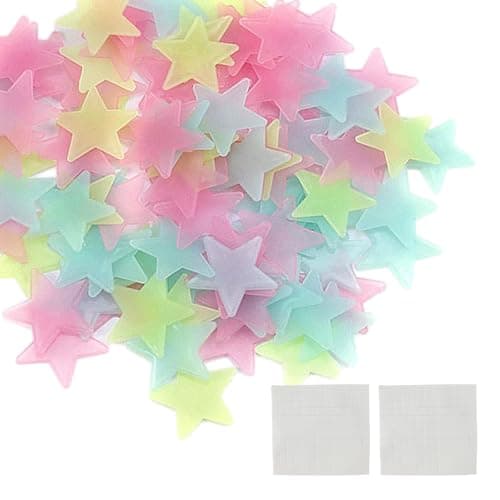 ATBUSS Pack of 200 Fluorescent Stars, 220 Double-Sided Adhesive Stickers, Glow-in-the-Dark, Multi-Colored (Yellow, Blue, Pink, Green), Wall Stickers for Walls, Ceilings