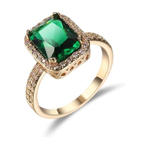 Julia Store 3CT 18K Gold Plated Engagement Rings for Women Solitaire Created Green Emerald Simple Wedding Band Promise Rings for Her Free Size