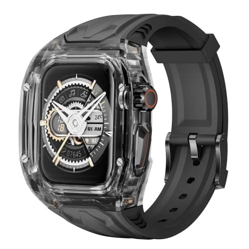 Strap with Clear Case Compatible for Apple Watch 49mm, Men Rugged Case Protective Bumper Cover with TPU Band for iWatch Series 9 8 SE2 7 6 SE 5 4 (Black)
