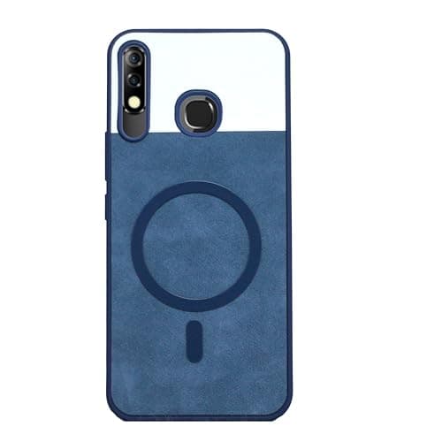 Compatible With (Infinix Hot 8) Luxury Leather Back Case With Wireless Charging And Electroplated Shockproof Camera Frame For (Blue) Cellular phone case
