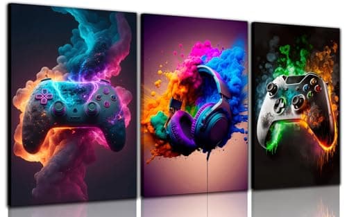 BGFCE Gaming Wall Art, Video Theme Decor Canvas Posters for Teen Boys Room, Framed 12x16in Set of 3