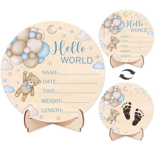 Double-Sided Wooden Newborn Birth Sign, Blue Bear Baby Announcement Sign | 5.9" Round Bear Hello World Name Sign, Gift for New Mom Baby Shower, Photography Prop Home