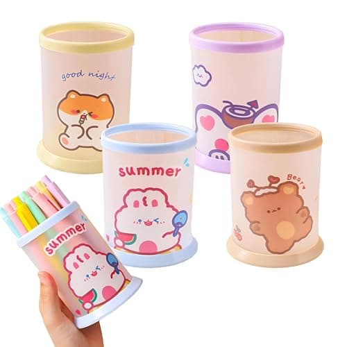 Cartoon Organizer - Cute Foldable Pen Holder Set of 4 for Girls and Boys, Multifunctional Makeup Brush and Stationery Storage Box for Desk Accessories with Adorable Design Caddy