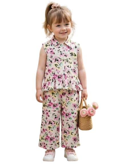 Girls' 2-Piece Floral Sleeveless Peplum Top & Wide-Leg Pants Set SG26-256 SG26-256 Shirt