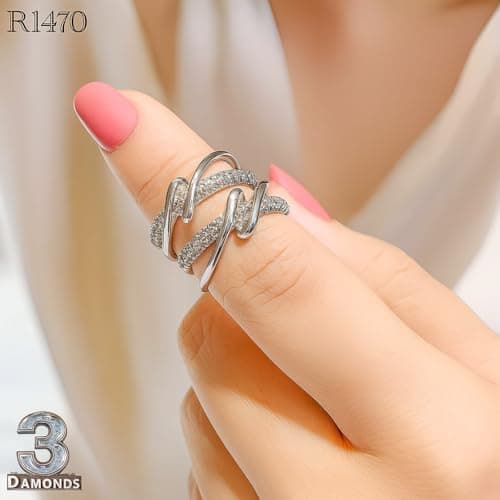 3 Diamonds 292474661779591 Platinum & Rhodium-Plated Crisscross Ring – Triple Wave Design with Zircon Stoness-1