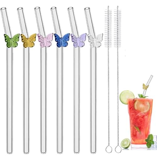 Reusable Glass Straws Shatter Resistant, 7.9'' x 8mm Cute Clear Drinking Straws for Smoothies, Coffee, Juice, Milk, Cocktails, Set of 6 Bent and 2 Cleaning Brushes (colorful butterfly)