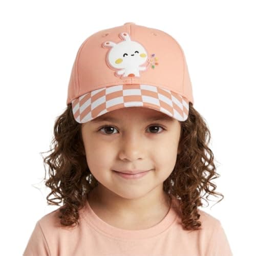 Kids Baseball Cap, Peach with Cartoon Character Patch (4-10 years) | Checkered Brim, Girls' Cap, Rubber Patch Detail, Casual Outdoor Wear, Adjustable Fit Hat