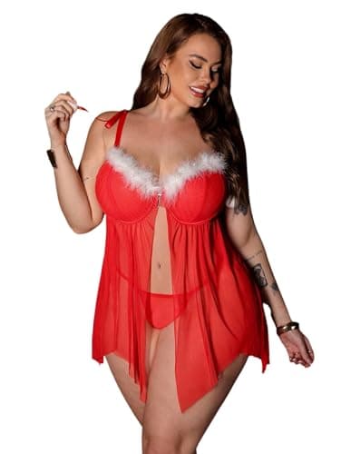 NF22-445 Babydoll Sexy Santa Cosplay Lingerie for Women - Red Sheer Nightgown with White Fur and Pom Poms Christmas Nightgown nightshirt