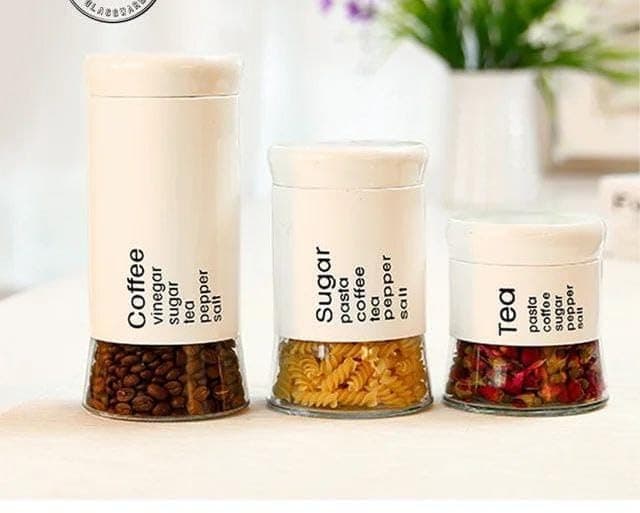 Generic Glass and Metal Canister Set of 3, 350ml / 600ml / 800ml, Off-White .db Food storage container