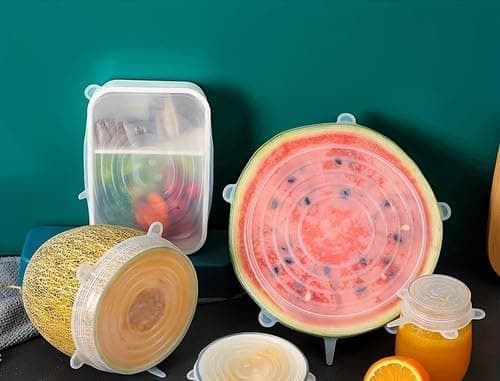 6 Pieces Square Stretch Silicone Lids Set Multi Size Universal Food Covers Reusable Food Grade Sealing Wrap for Containers Bowls Jars and Kitchen Use