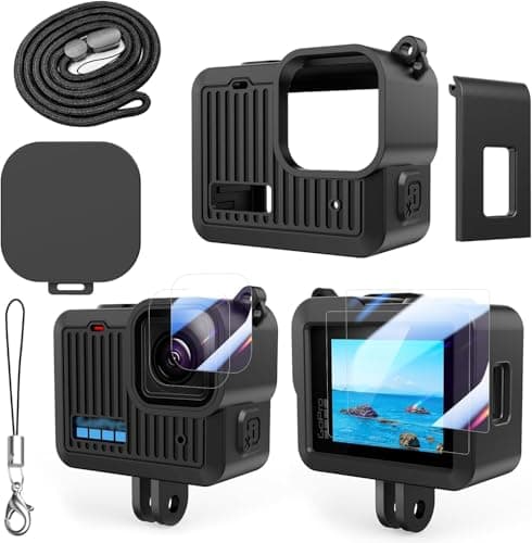 AAIOOEA Accessories Kit for GoPro Hero 4K Action Camera | Silicone Protective Case,screen protectors,Lens Cap,Lanyard,Battery Side Cover, Camera enclosure