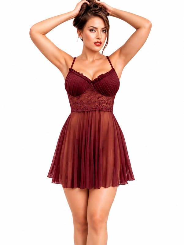 Women's Pleated Babydoll Nightdress with Lace Waist, Model 302 Nightgown nightshirt