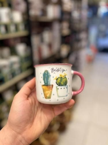 Generic Porcelain Mug With Colored Rim And Handle Cactus Print Design, Ceramic Coffee Cup Heat Resistant With Stylish Printed Pattern, Durable Mug For Tea, Coffee And Hot Drinks Home And Office Use.