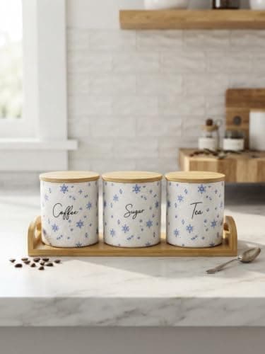 Generic Porcelain spice/canister set (Coffee, Tea, Sugar), With natural wood lids and base, 3 pieces, Practical organization: neat and tidy storage, For coffee, tea, and sugar, Multi-colored, .bak Food storage container