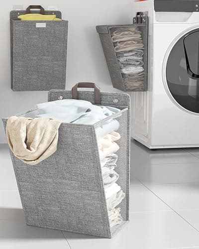 Large Gray Mesh Hanging Laundry Basket 57x40cm Wall Mount with Lid & Side
