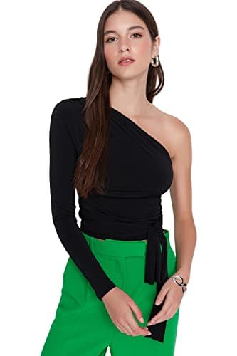 Trendyol Women Slim Tie Detailed Single Sleeve Crop Stretchy Knitted Blouse TWOAW23BZ00094 Blouse Shirt