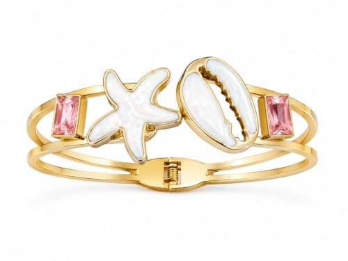 Shells Stainless Steel Bracelet with Starfish, Seashell, and Pink Crystal Details, Coastal-Inspired, Tarnish-Resistant, for Daily Wear