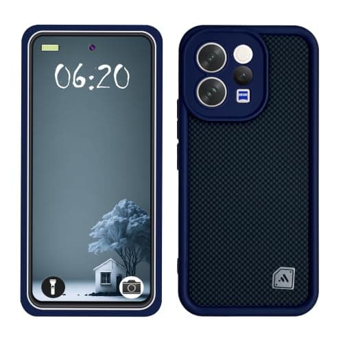 Silicon TPU Case Camera Protection with 3D Distinct Checkered, Carbon-Fiber Aesthetic Prints For Vivo V70 5G / Vivo V70 Elite 5G (Navy) Cellular phone case